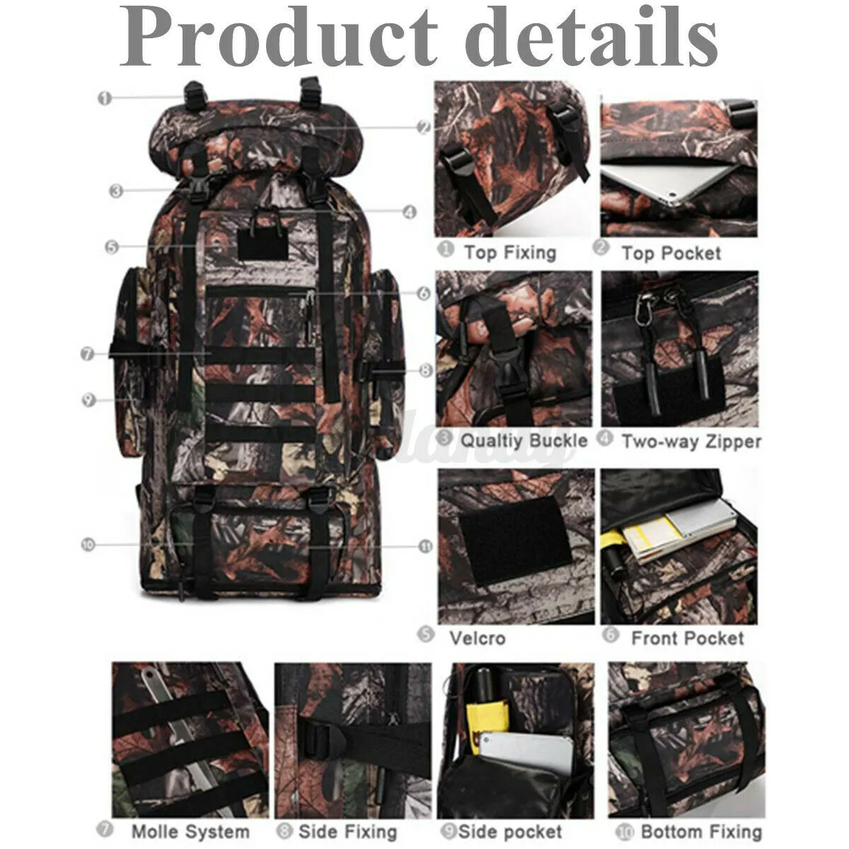 100L Military Tactical Backpack Army Hiking Rucksack Outdoor Camping Travel Bag