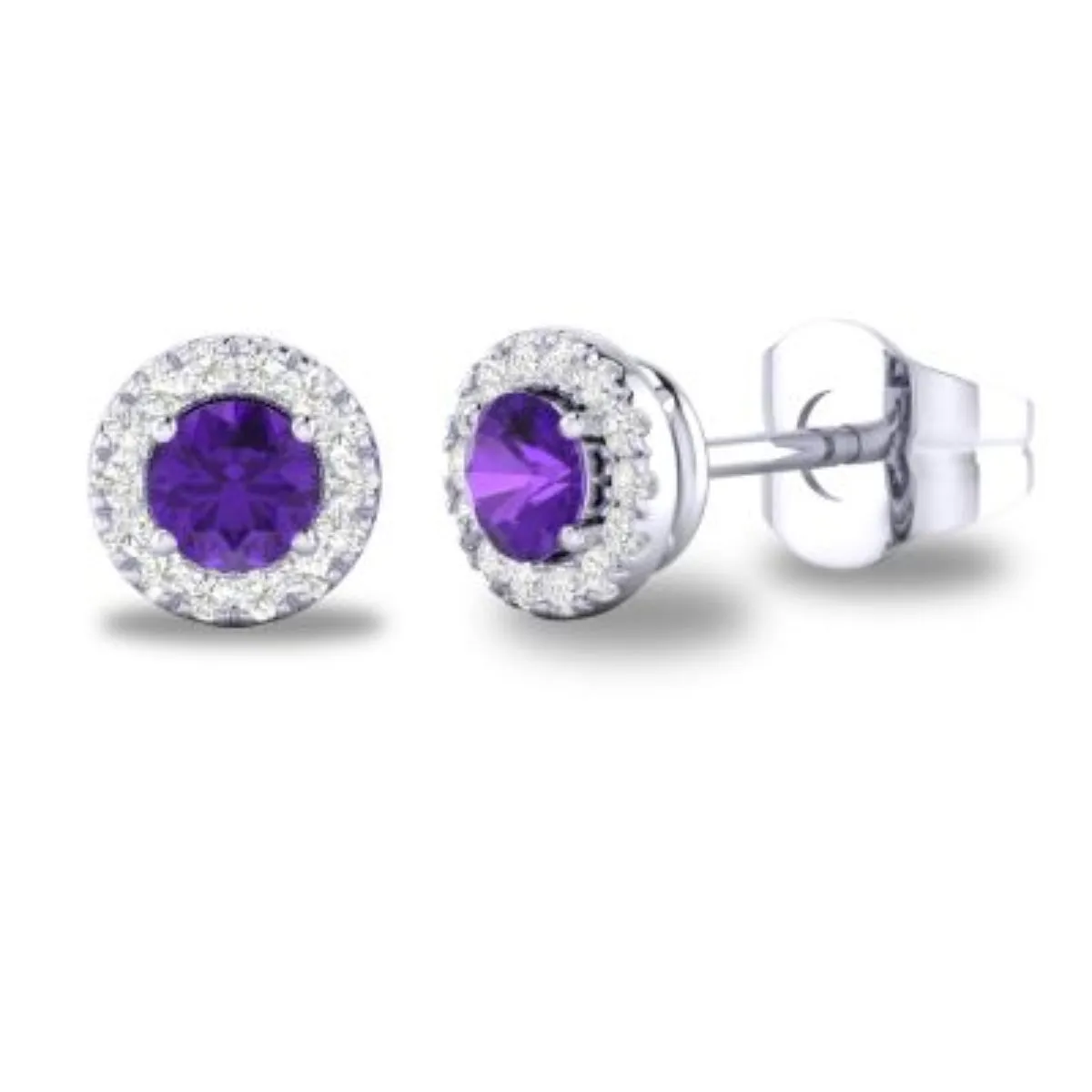 14K W Gold 0.10ctw Diamond 0.30ctw Amethyst Round Halo Earrings