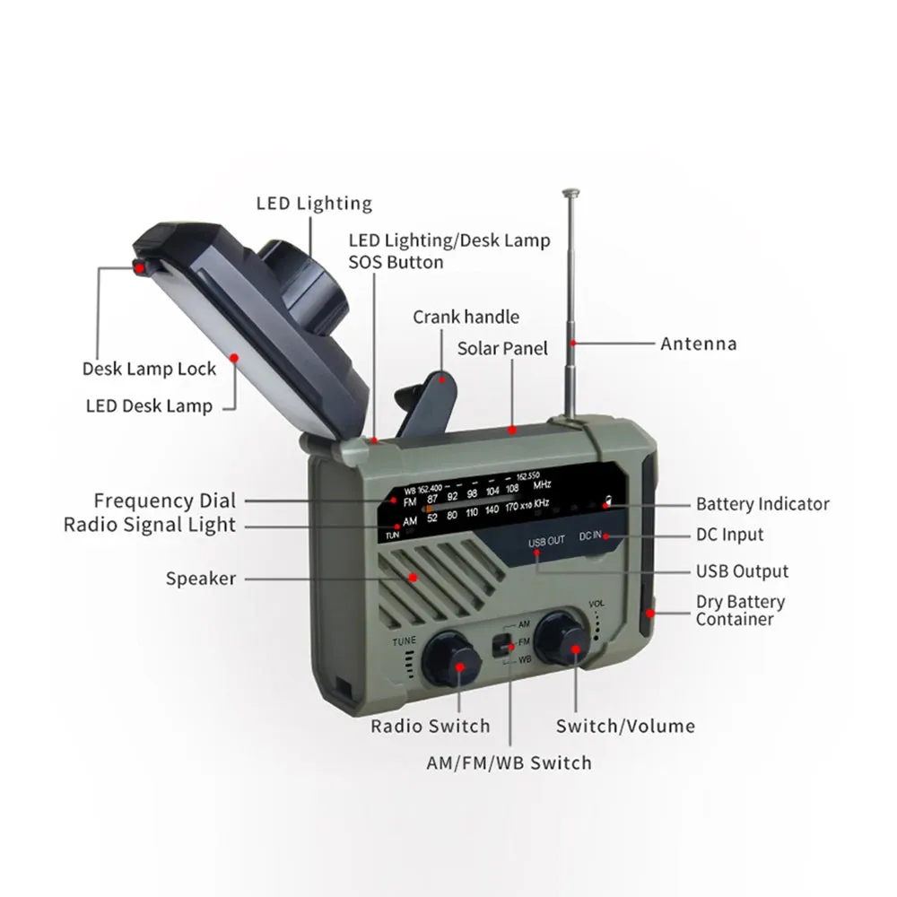 2024 New Portable Radio Hand Crank AM FM NOAA Emergency 3-in-1 Reading Lamp Flashlight Solar Charging Telescopic Antenna