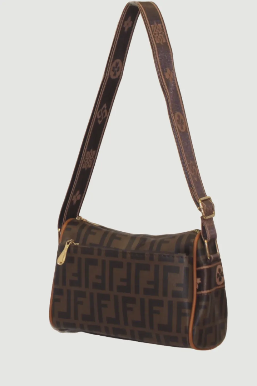 Adjustable Strap Printed PVC Brown Small Shoulder Bag