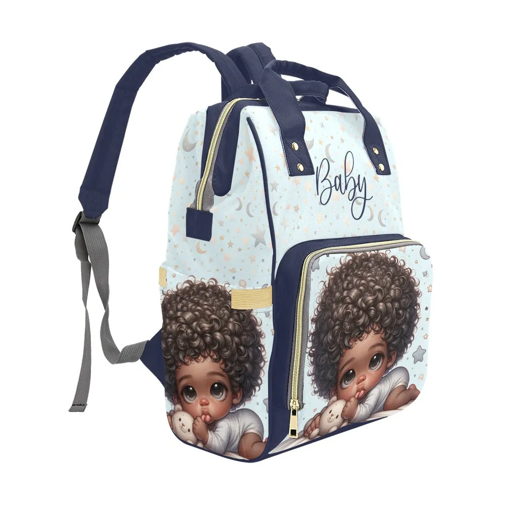 African American Baby Boy in Pajamas and Teddy Bear Diaper Backpack Multi-Function Backpack