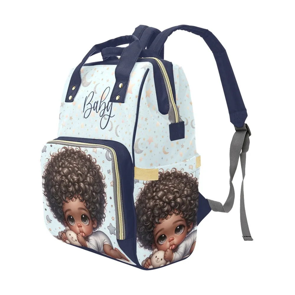 African American Baby Boy in Pajamas and Teddy Bear Diaper Backpack Multi-Function Backpack