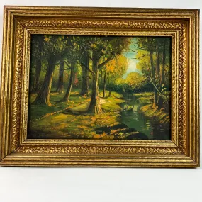 Antique Oil on Canvas Forest Landscape Signed Art