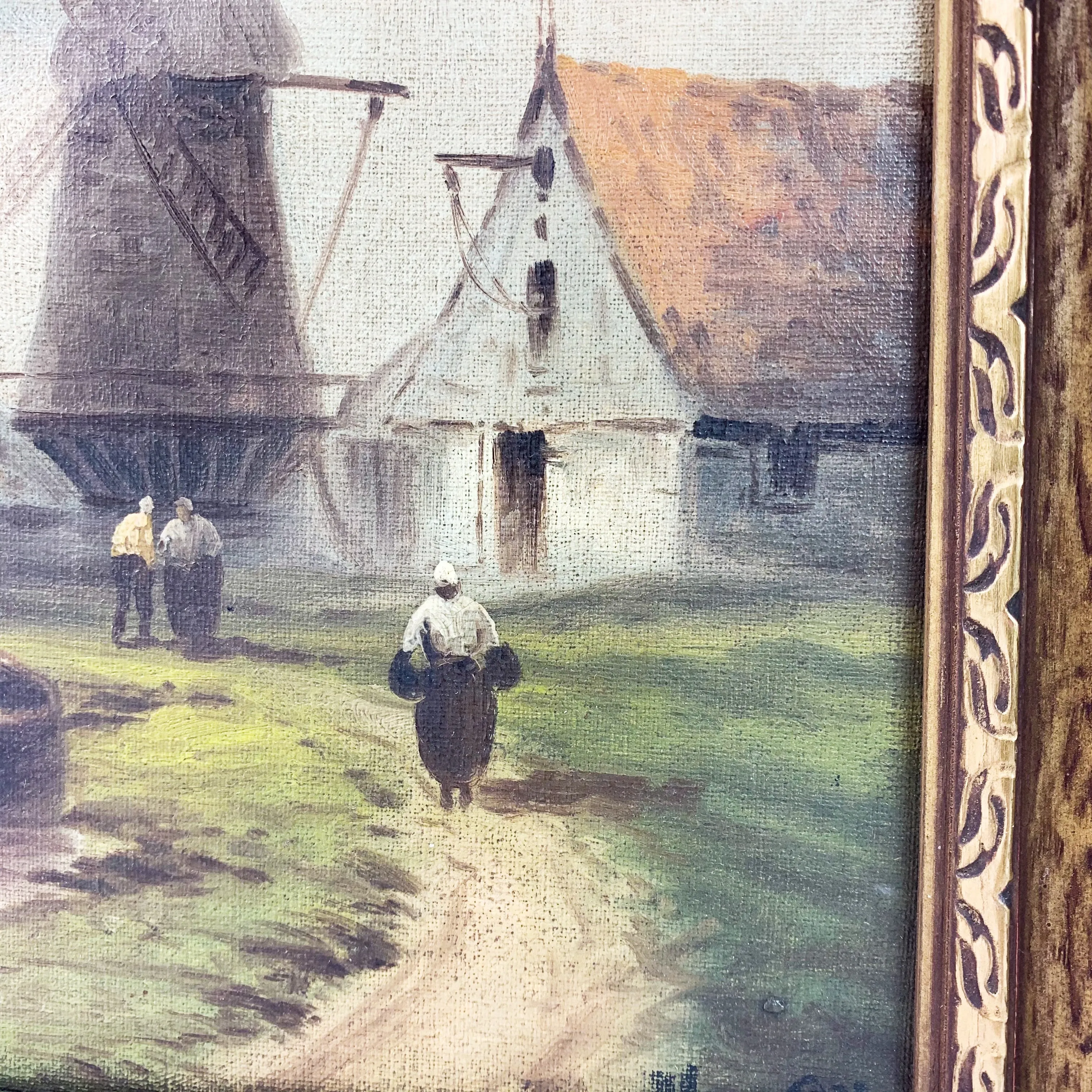 Antique Oil on Canvas Windmill Landscape Signed