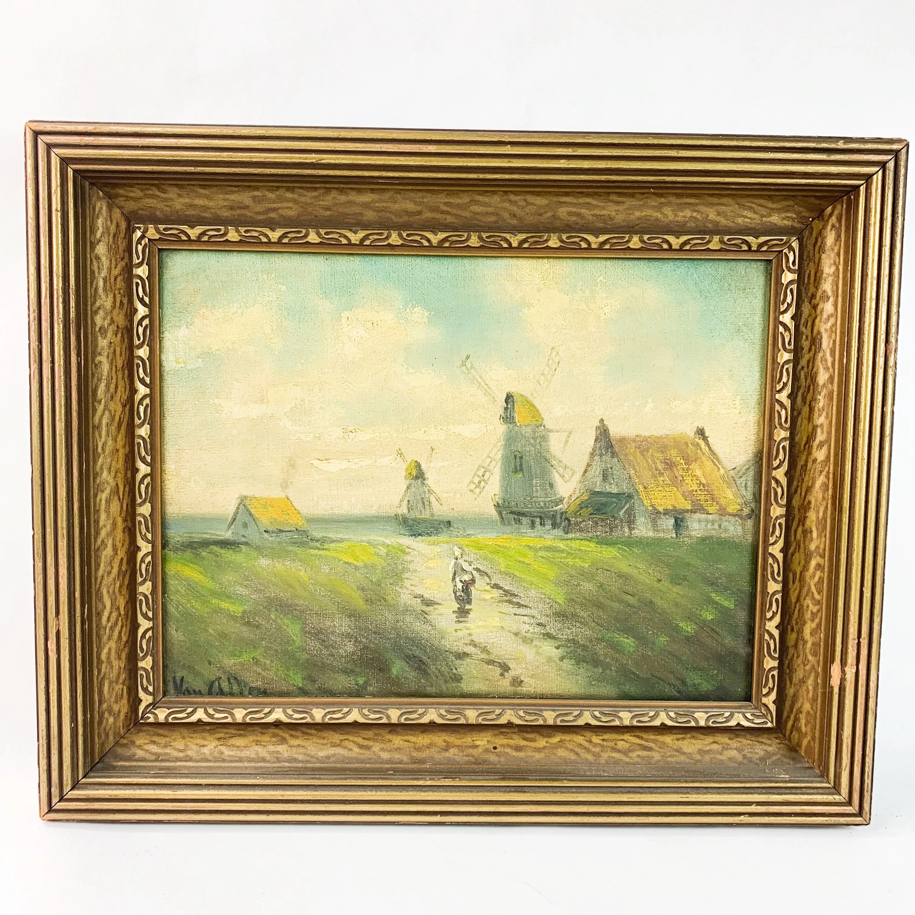 Antique Oil on Canvas Windmills Landscape Painting Signed Wood Framed Art