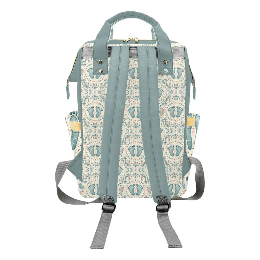 Baby Bag Backpack - Cute Boho Baby's Footprints in Green Multi-Function Backpack