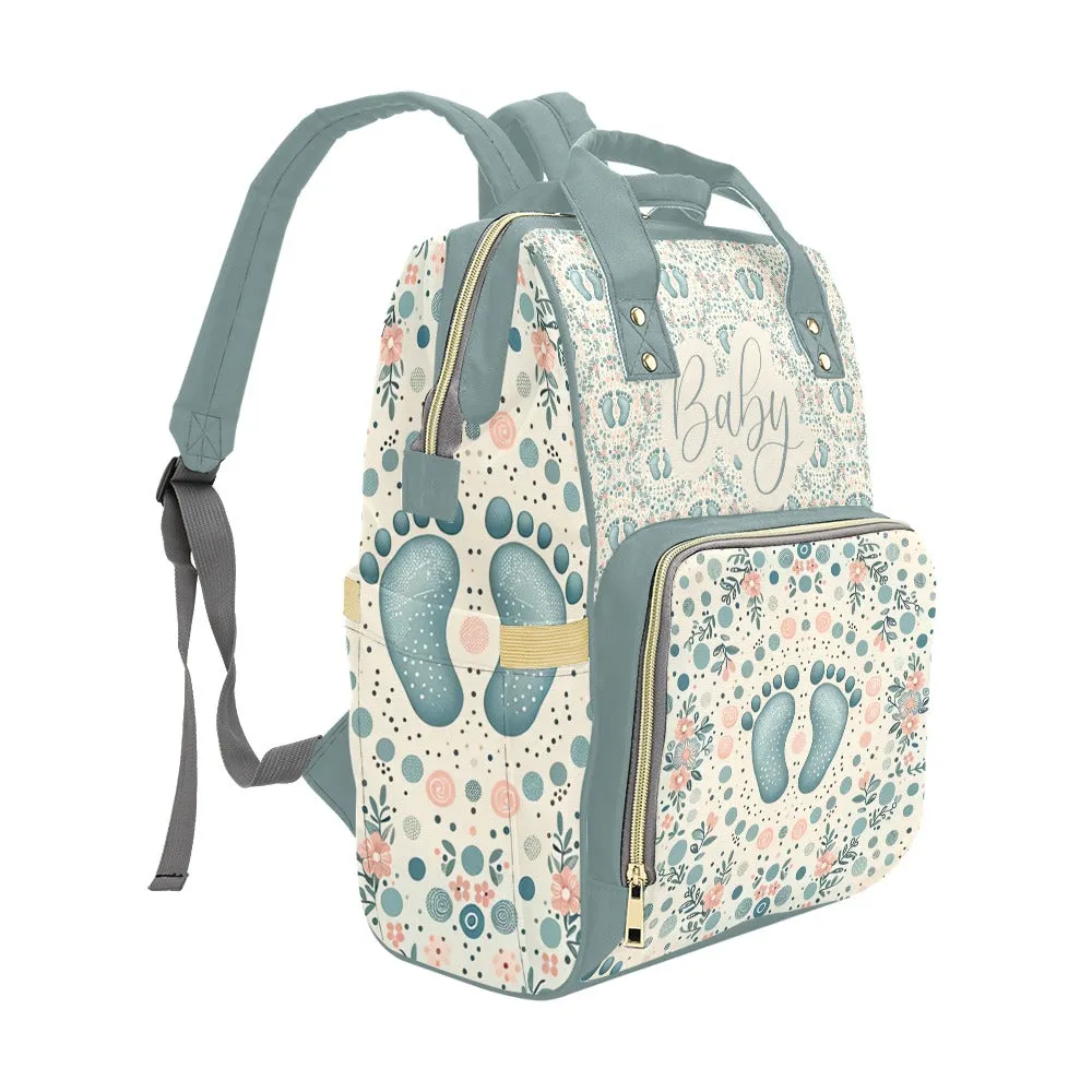 Baby Bag Backpack - Cute Boho Baby's Footprints in Green Multi-Function Backpack