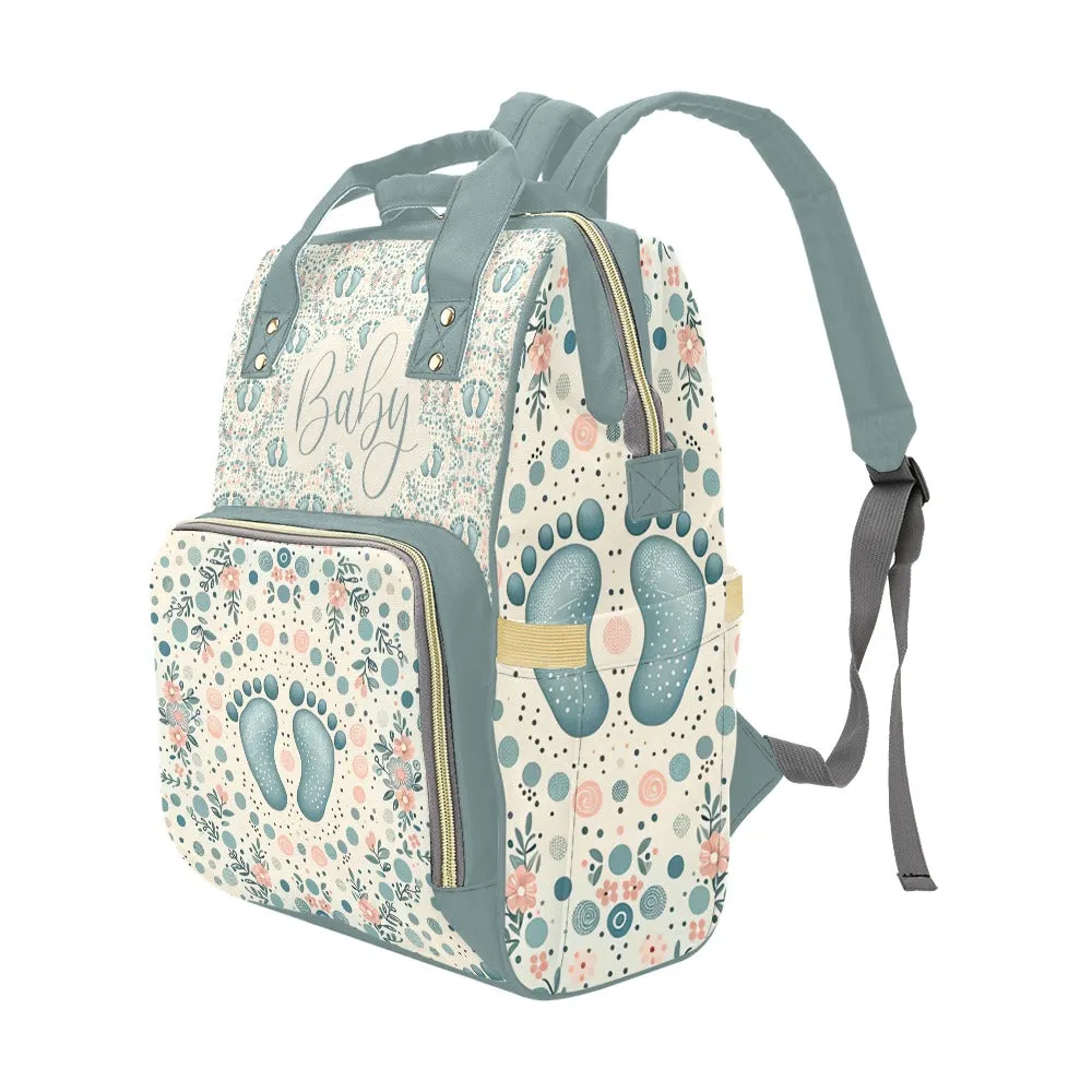 Baby Bag Backpack - Cute Boho Baby's Footprints in Green Multi-Function Backpack