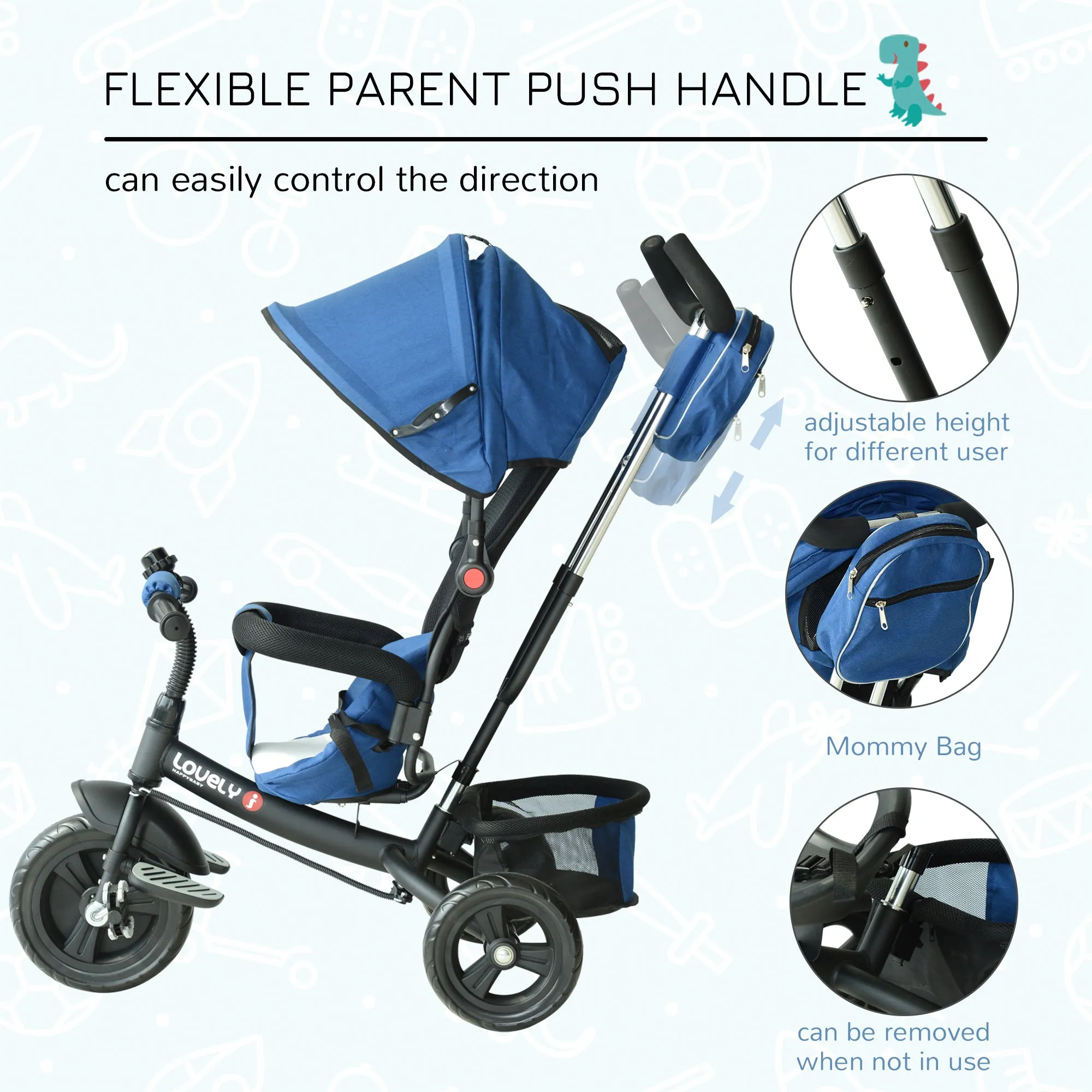 Baby Ride on Tricycle W/Canopy-Blue