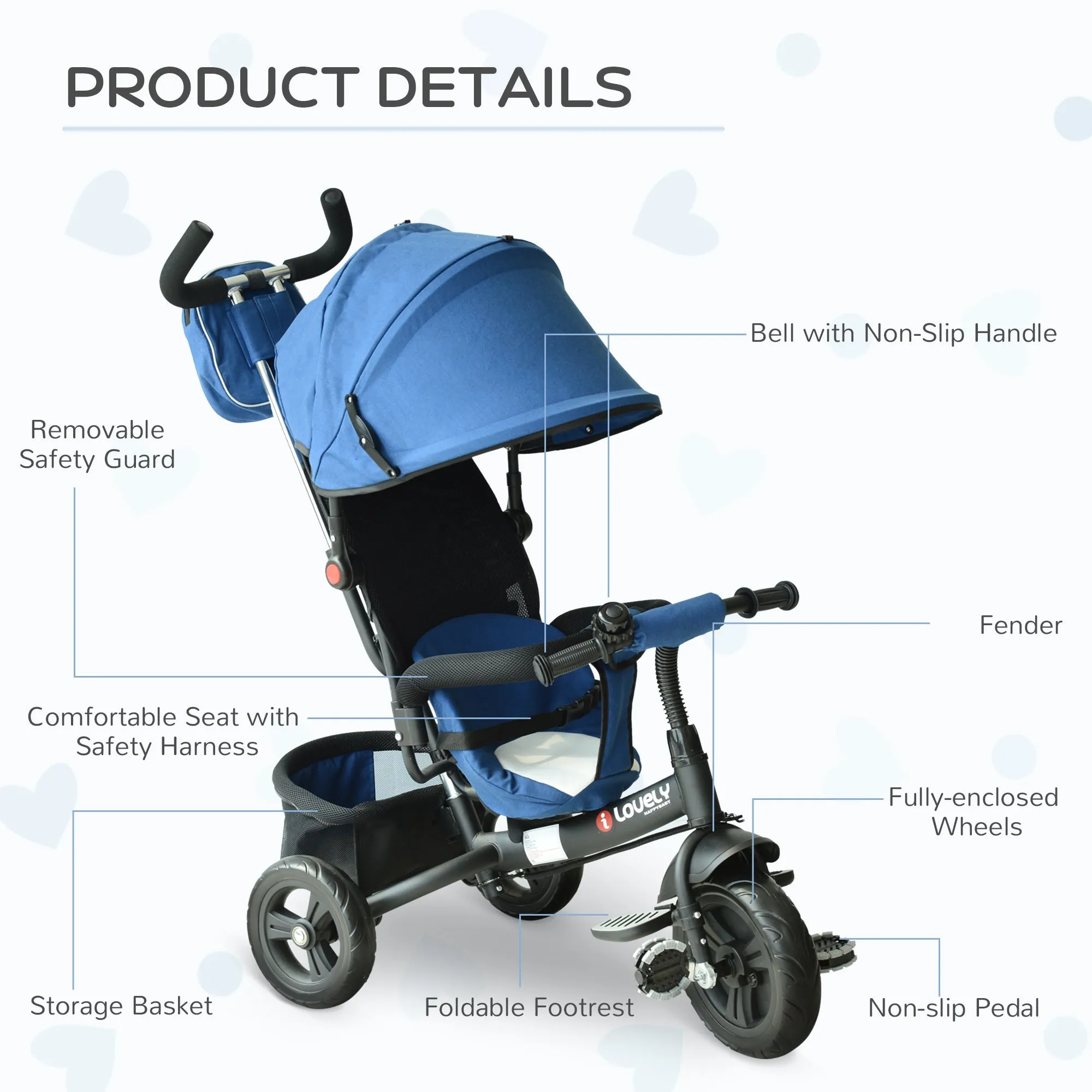 Baby Ride on Tricycle W/Canopy-Blue