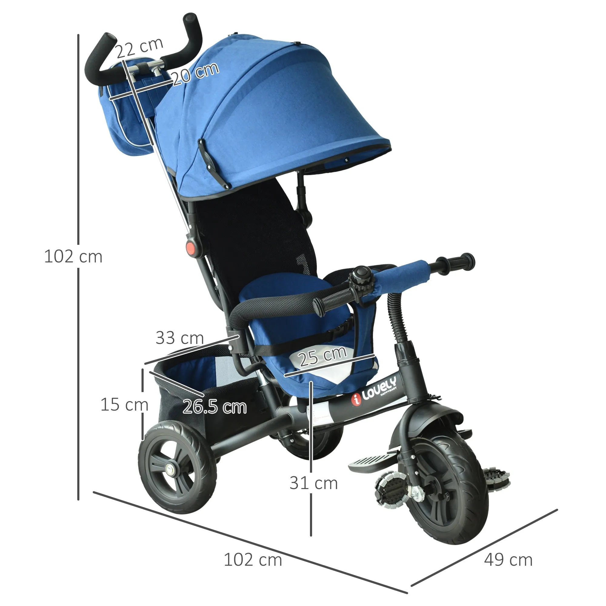 Baby Ride on Tricycle W/Canopy-Blue