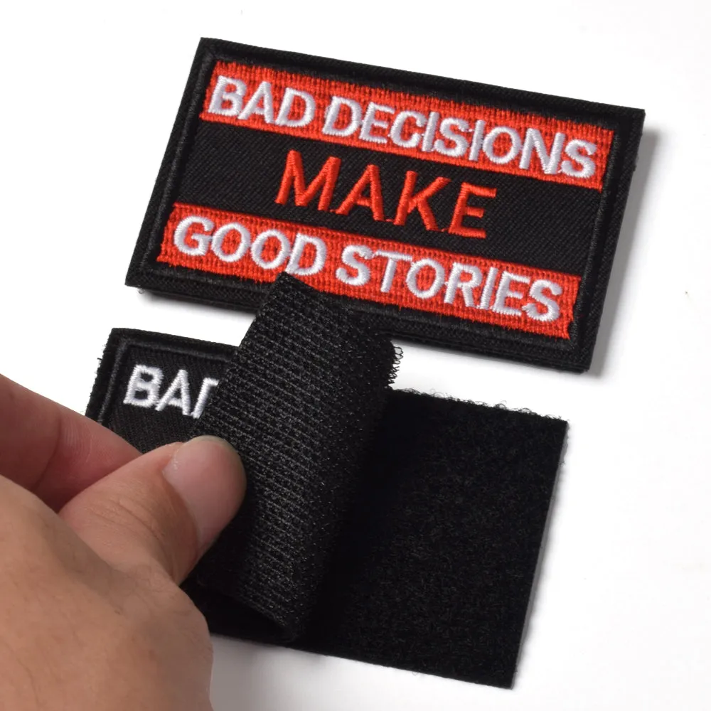 Bad Decisions Make Good Stories Patch, 2 Pack, Embroidered Morale Patches Tactical Funny for Hat Backpack Jackets (Applique Fastener Hook - Loop), Red & Black Color