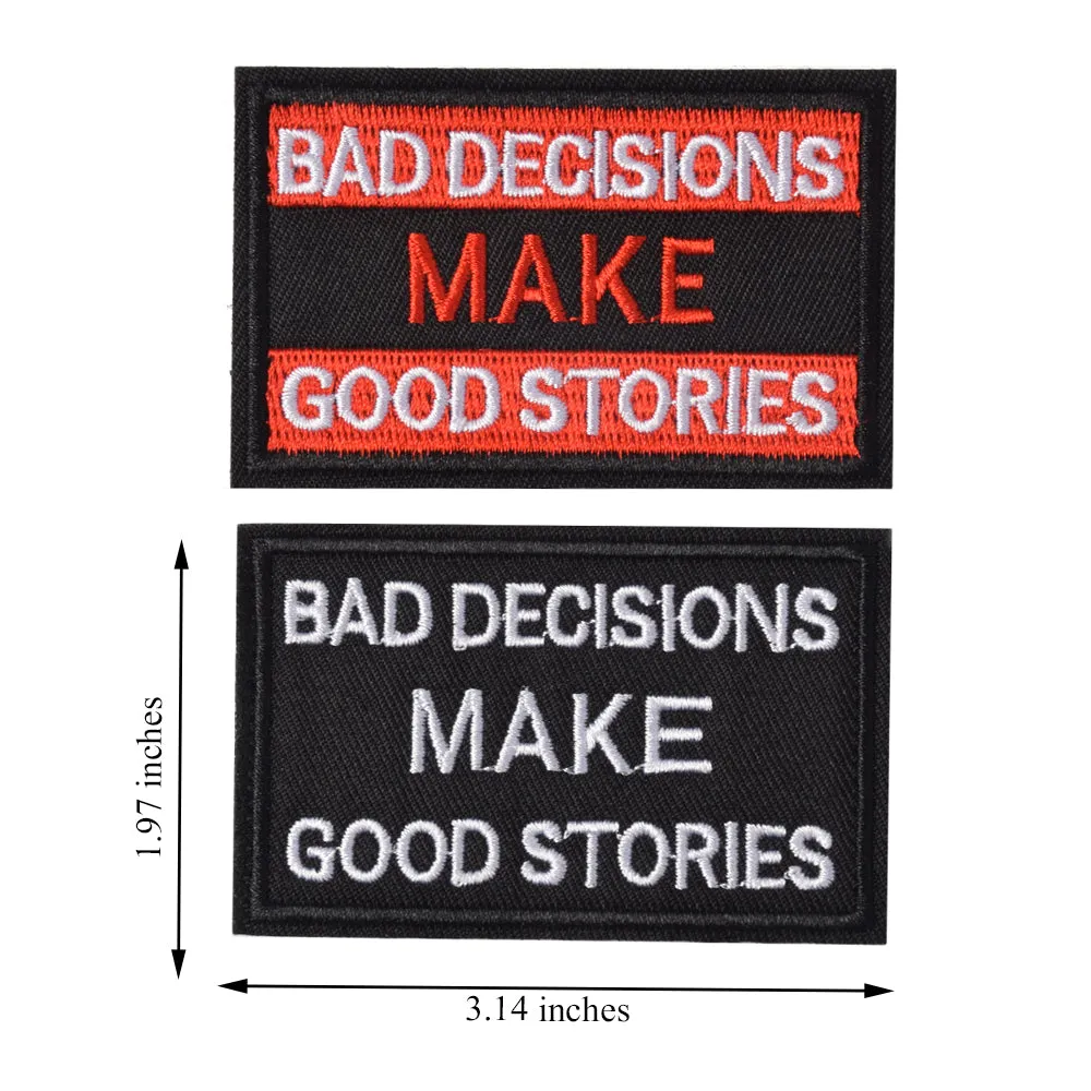 Bad Decisions Make Good Stories Patch, 2 Pack, Embroidered Morale Patches Tactical Funny for Hat Backpack Jackets (Applique Fastener Hook - Loop), Red & Black Color