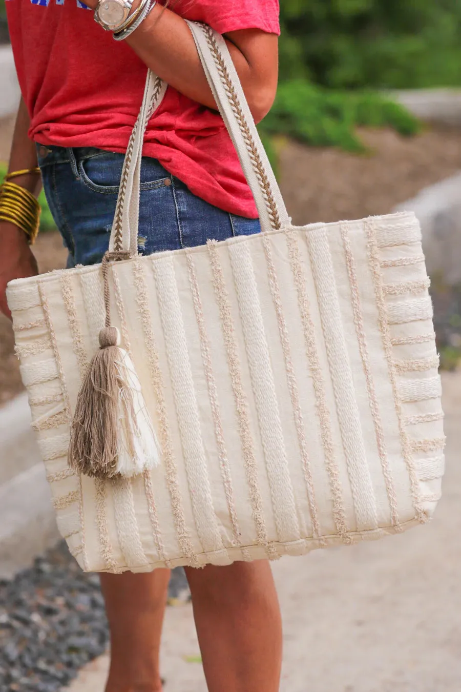 Barbados Tote Bag with Tassel, Cream