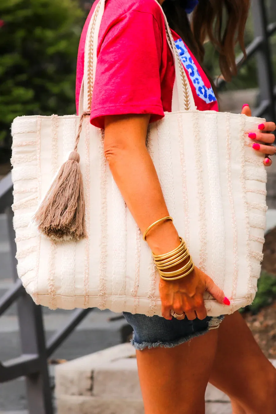 Barbados Tote Bag with Tassel, Cream