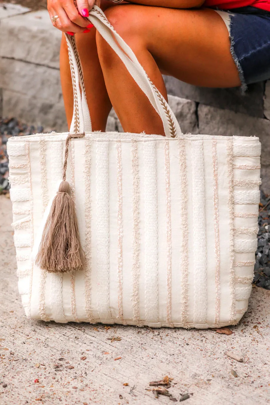 Barbados Tote Bag with Tassel, Cream