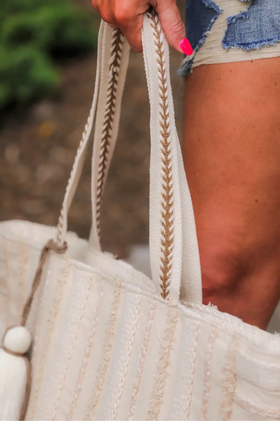 Barbados Tote Bag with Tassel, Cream