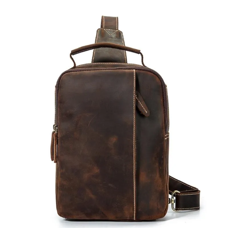 Best Brown Distressed LEATHER MENS Sling Bag One Shoulder Backpack Top Chest Bag For Men