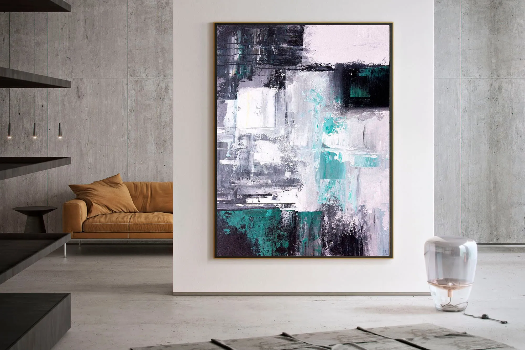 Black And White Green Modern Wall Art Unique Abstract Painting Qp015