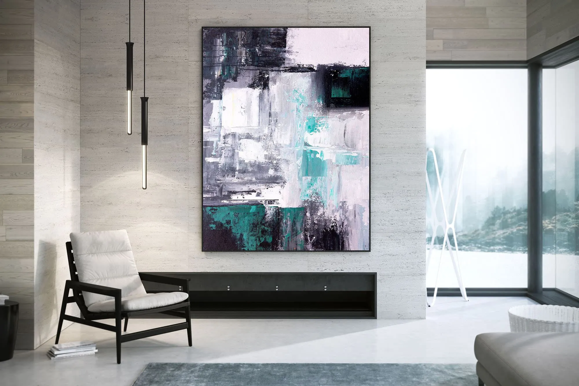 Black And White Green Modern Wall Art Unique Abstract Painting Qp015