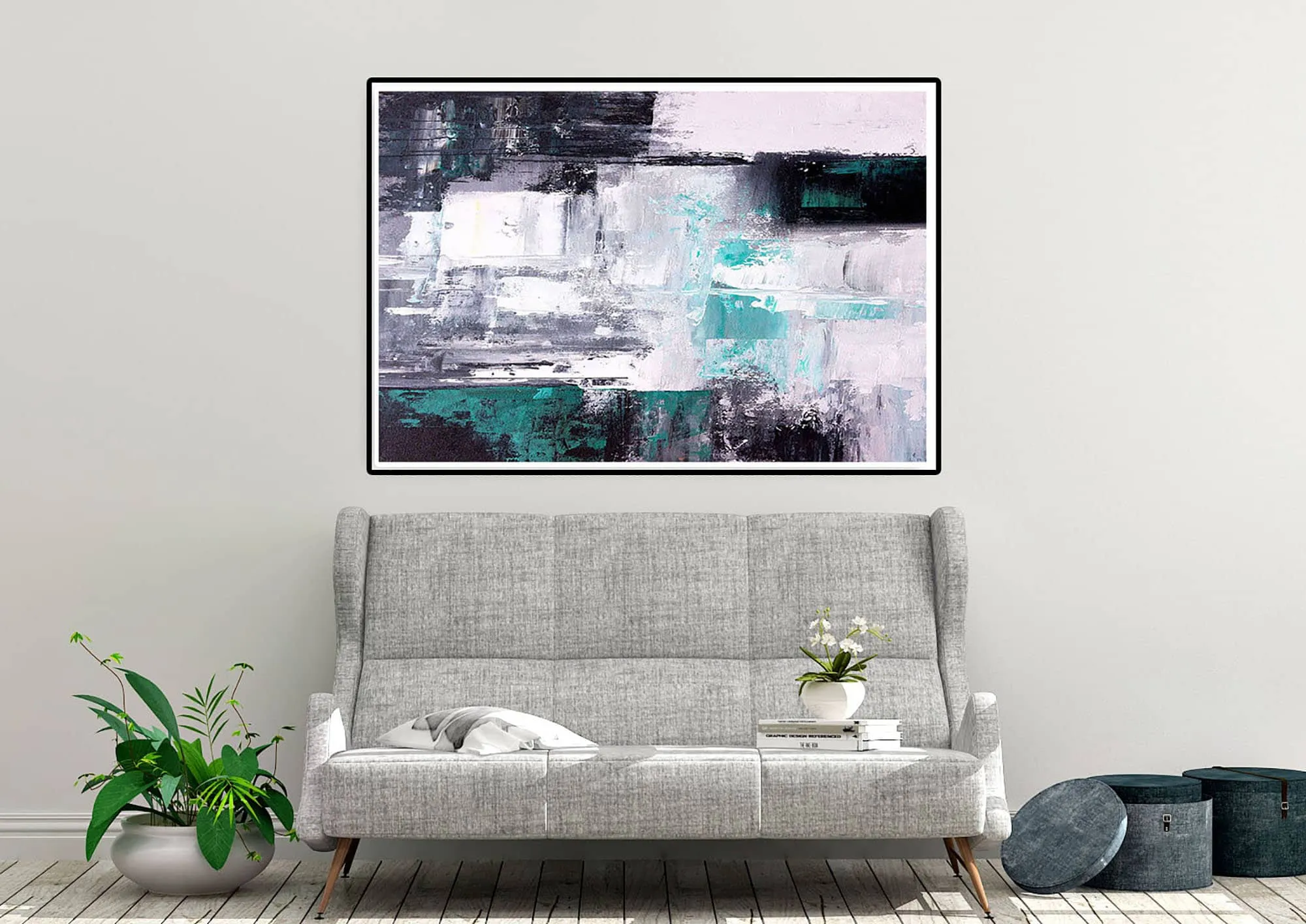 Black And White Green Modern Wall Art Unique Abstract Painting Qp015