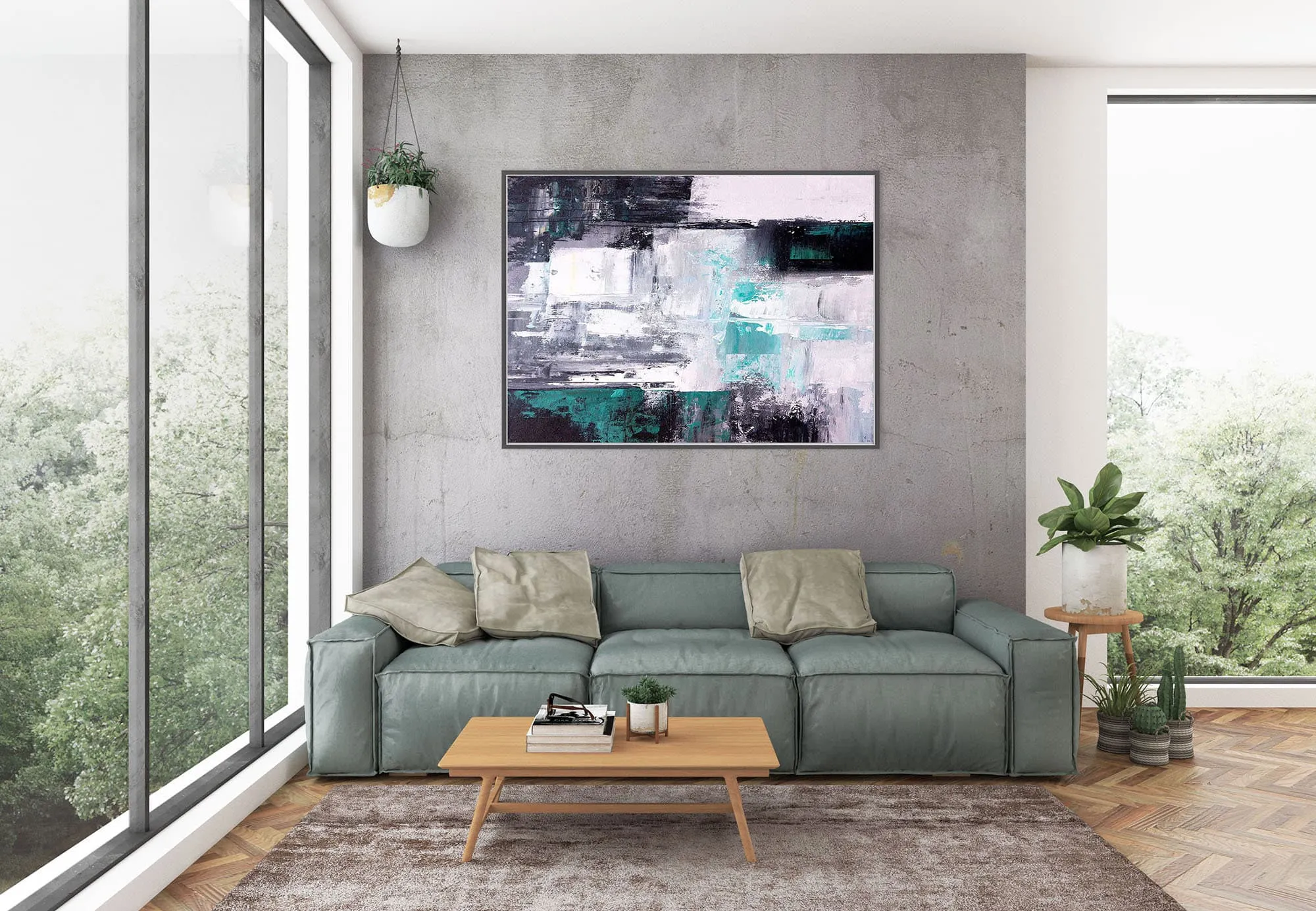 Black And White Green Modern Wall Art Unique Abstract Painting Qp015