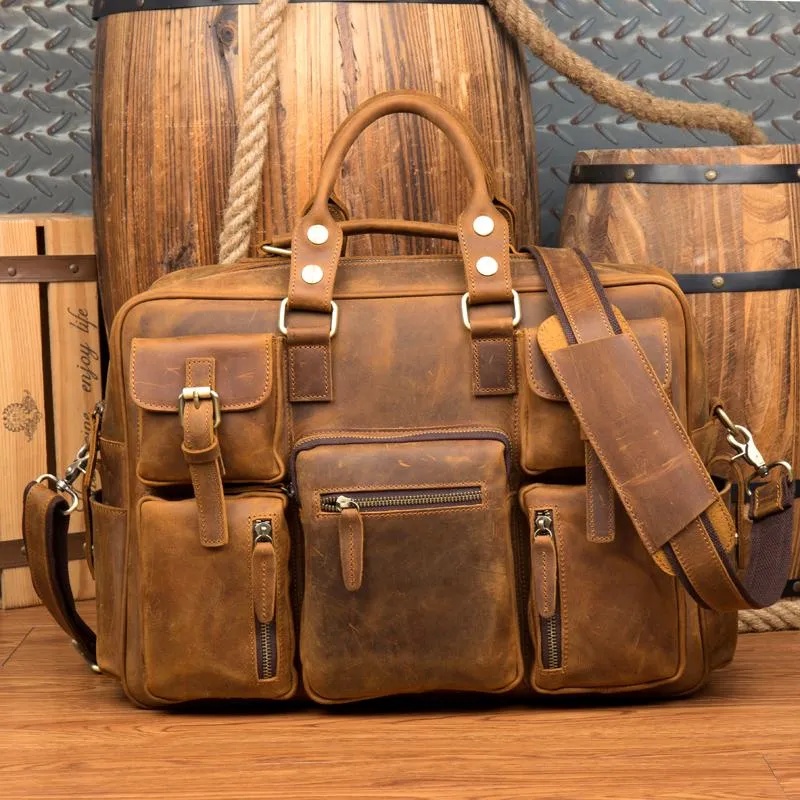 Black Cool Leather Mens Weekender Bag Shoulder Travel Briefcase Duffle Bag Light Brown luggage Bag for Men