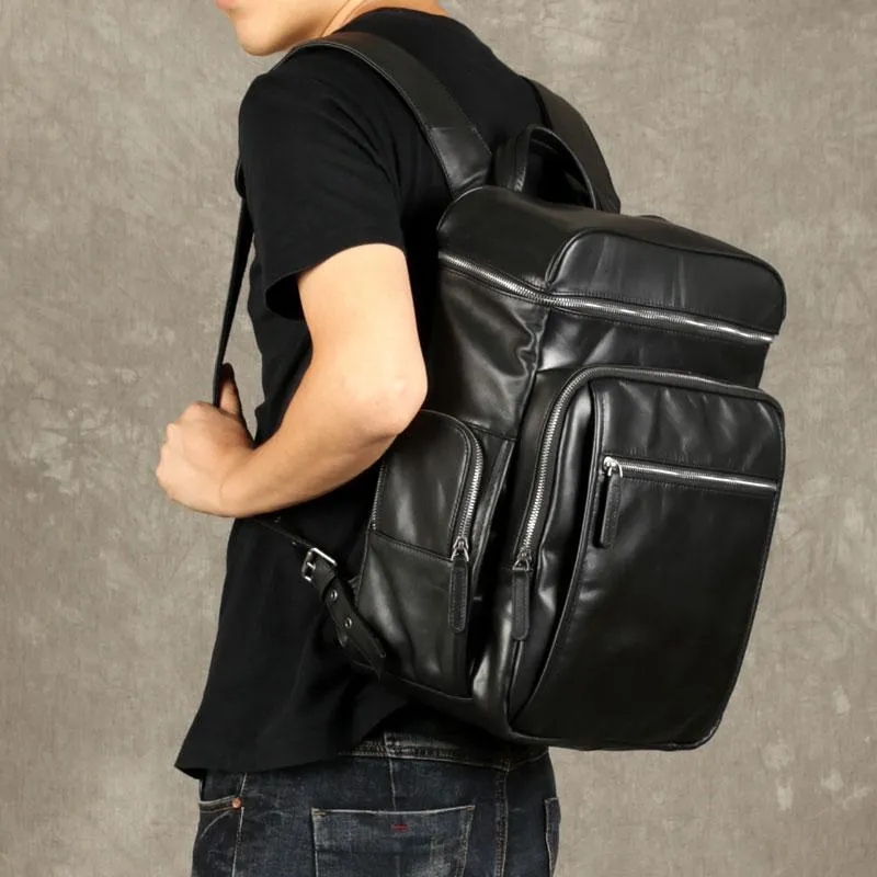 Black Leather Mens Backpack Cool Travel Backpack Hiking Backpack for men