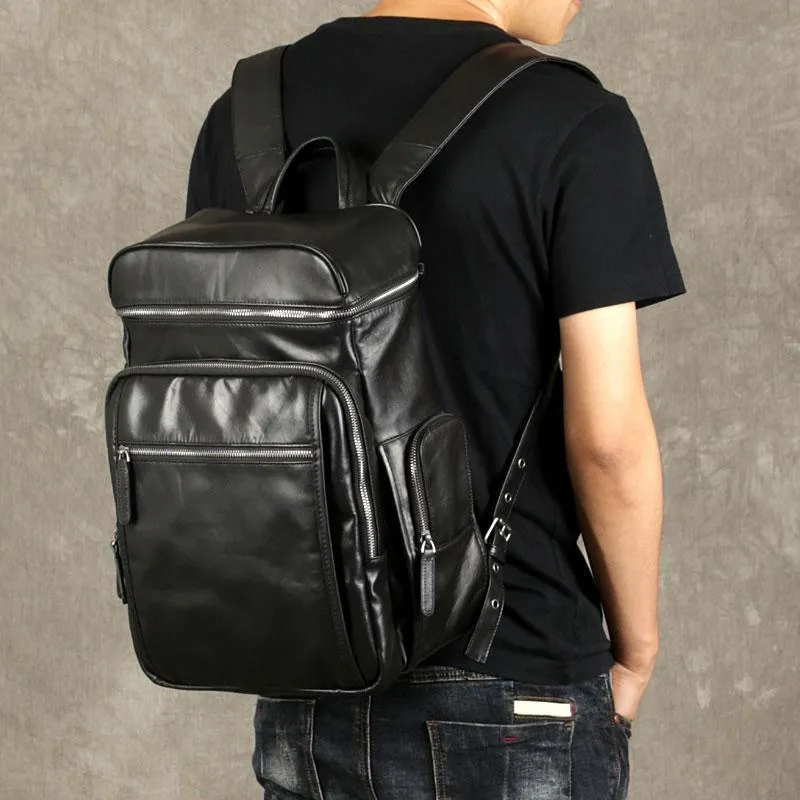 Black Leather Mens Backpack Cool Travel Backpack Hiking Backpack for men