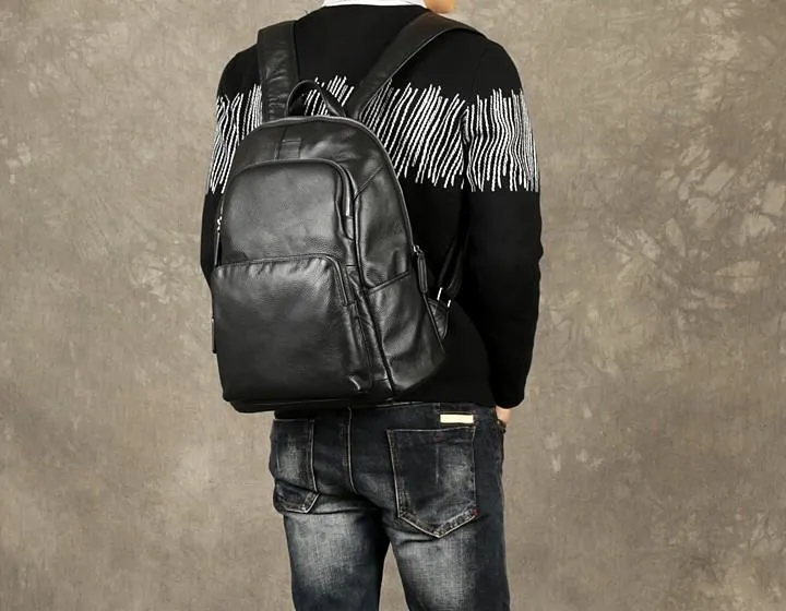 Black Leather Mens Cool Backpack Large Travel Backpack School Backpack for men