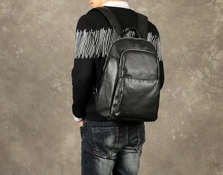 Black Leather Mens Cool Backpack Large Travel Backpack School Backpack for men