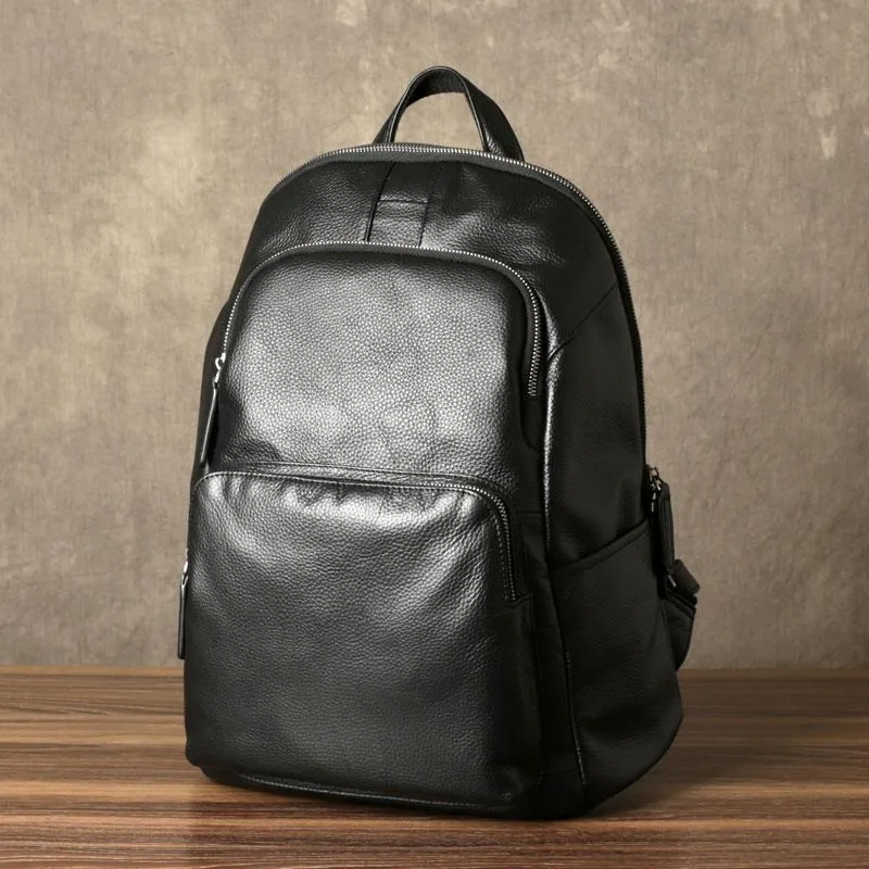 Black Leather Mens Cool Backpack Large Travel Backpack School Backpack for men