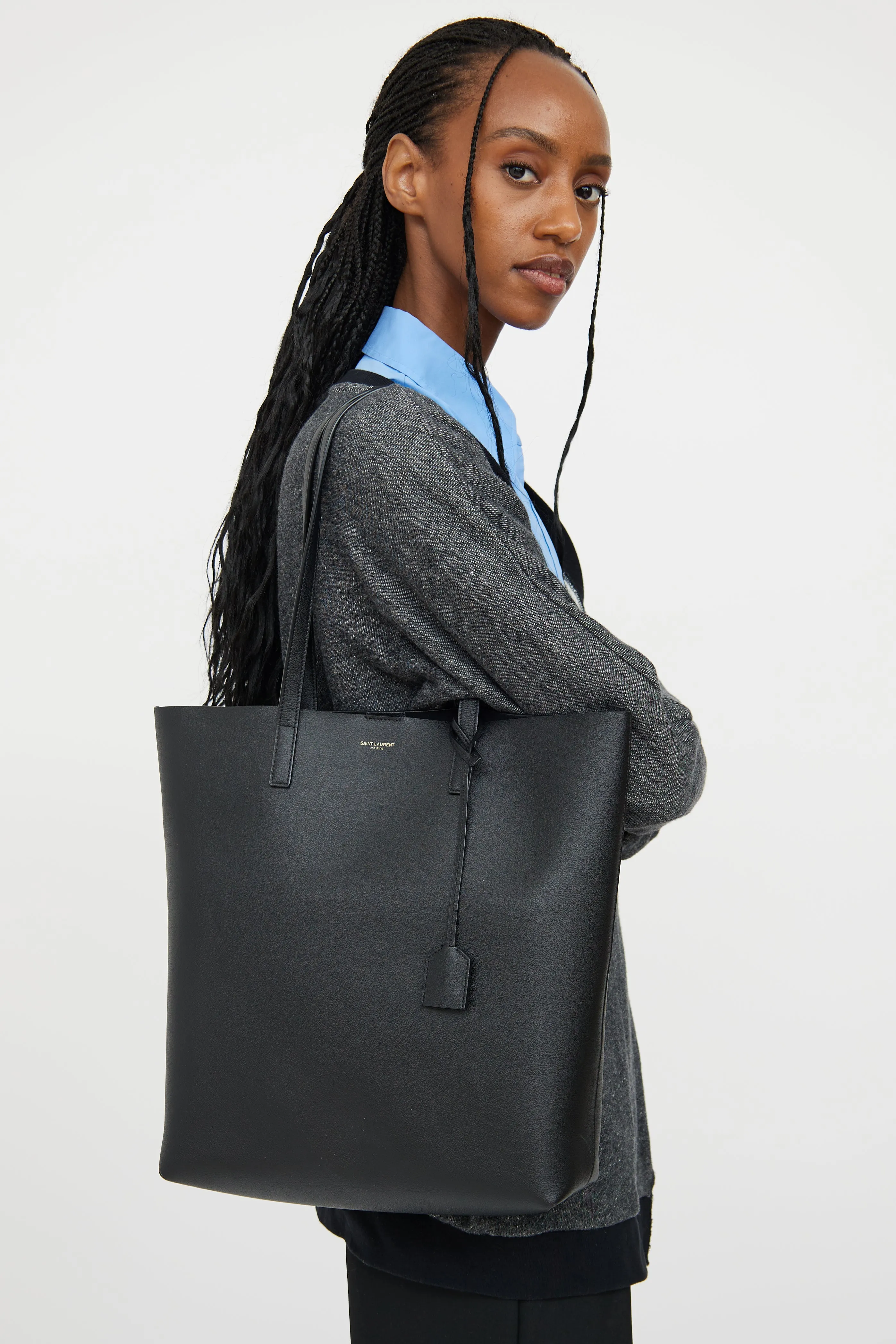 Black Leather Shopping Tote Bag