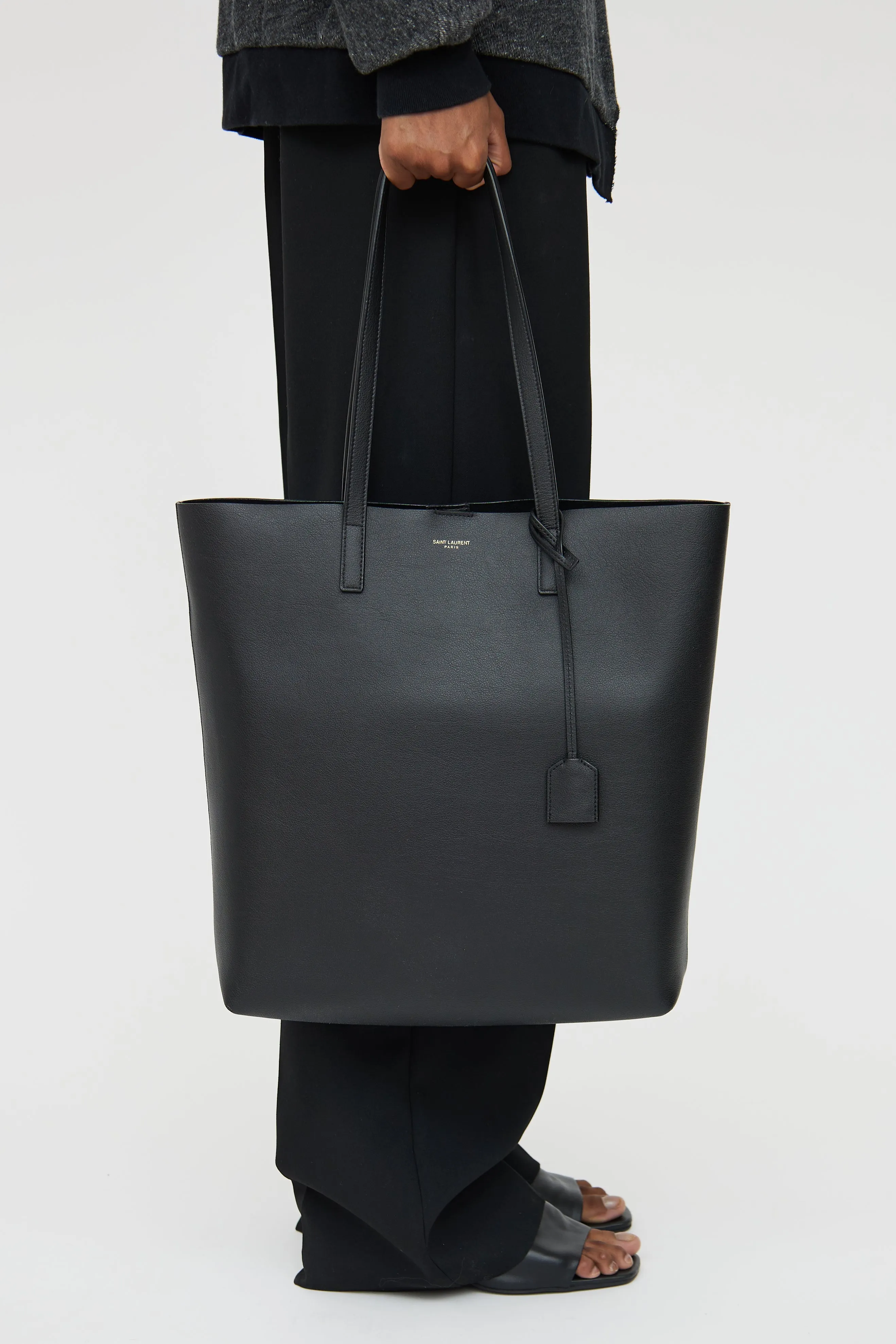 Black Leather Shopping Tote Bag