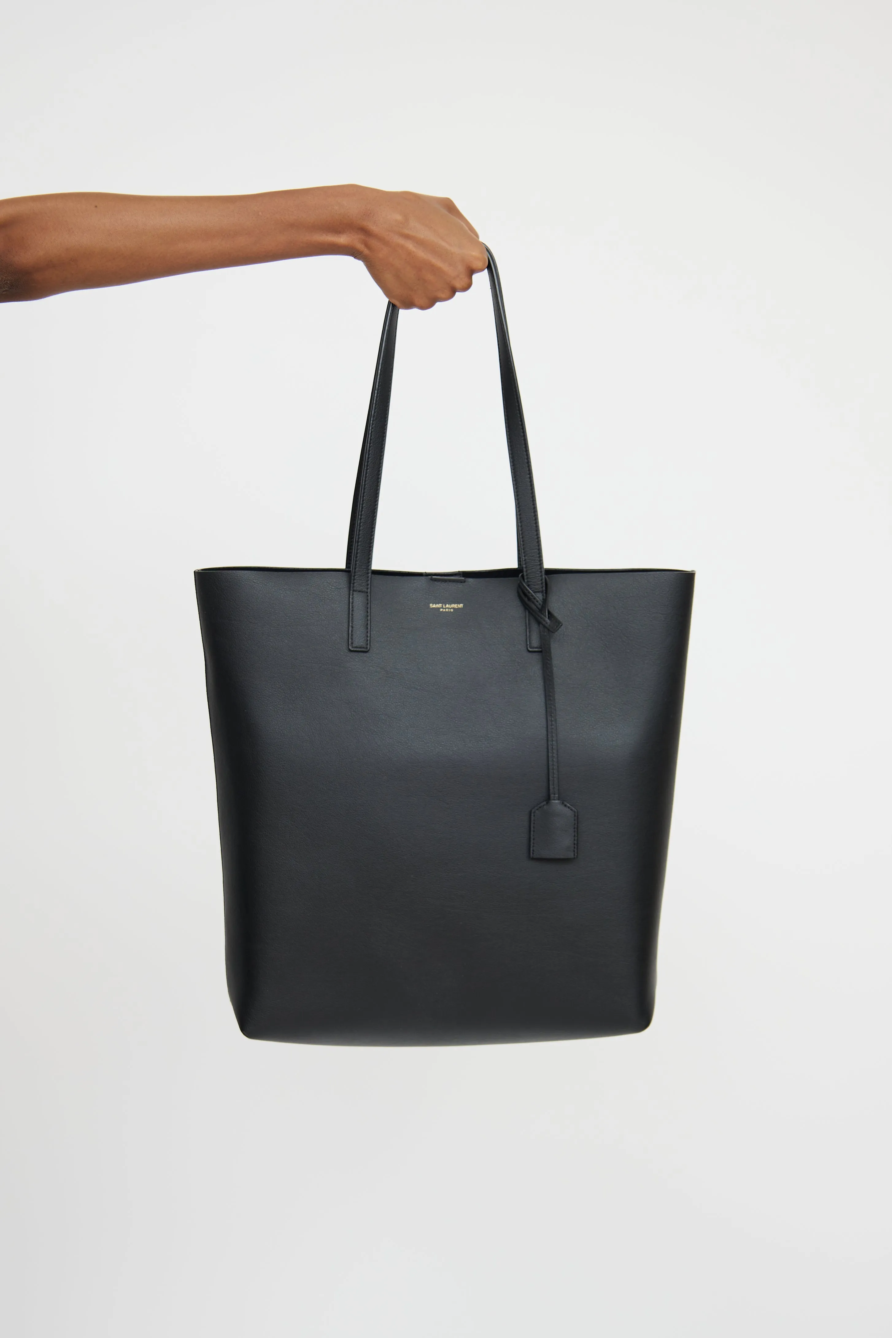 Black Leather Shopping Tote Bag