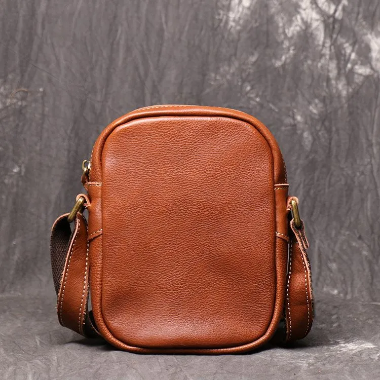 Black Leather Small Zipper Messenger Bag Vertical Side Bag Brown Courier Bag For Men