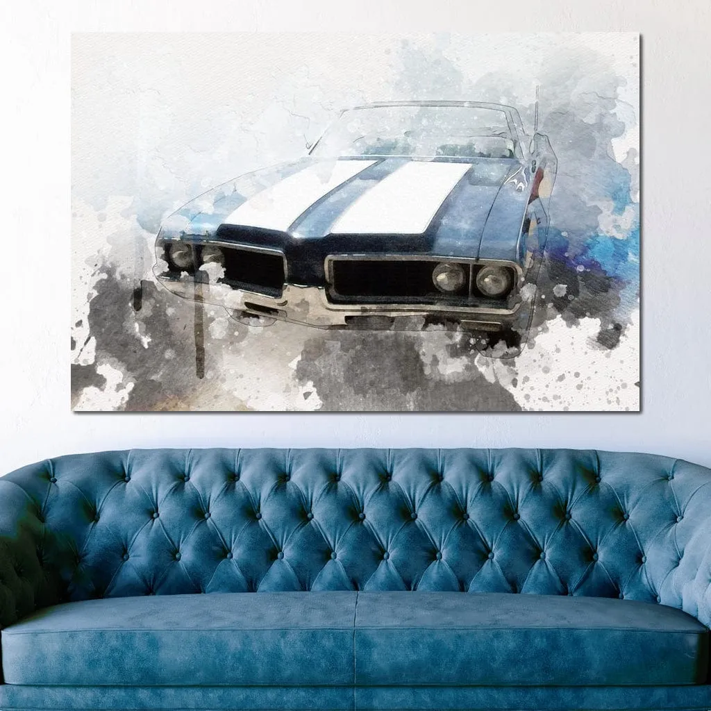 Blue & White Muscle Car in Watercolor