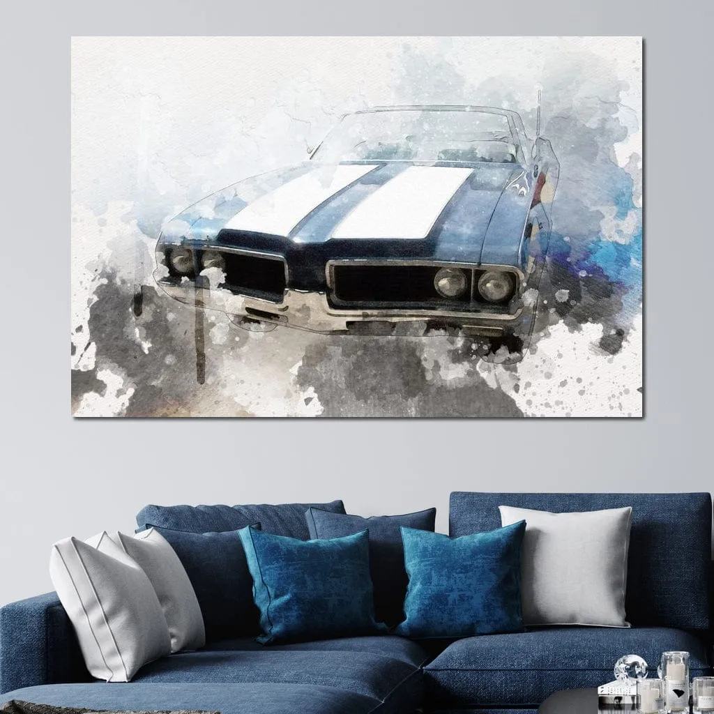 Blue & White Muscle Car in Watercolor