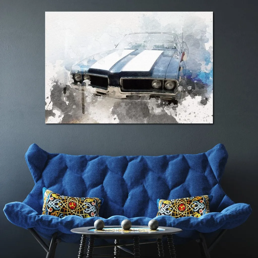 Blue & White Muscle Car in Watercolor