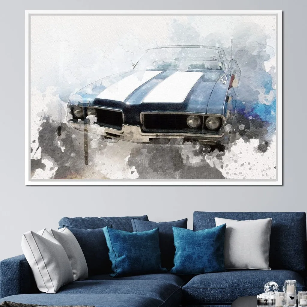 Blue & White Muscle Car in Watercolor