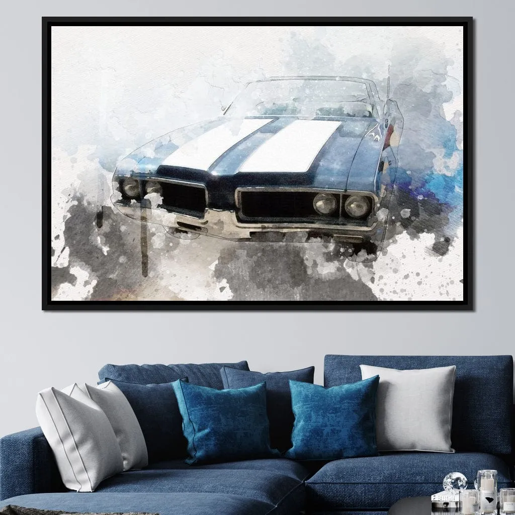 Blue & White Muscle Car in Watercolor