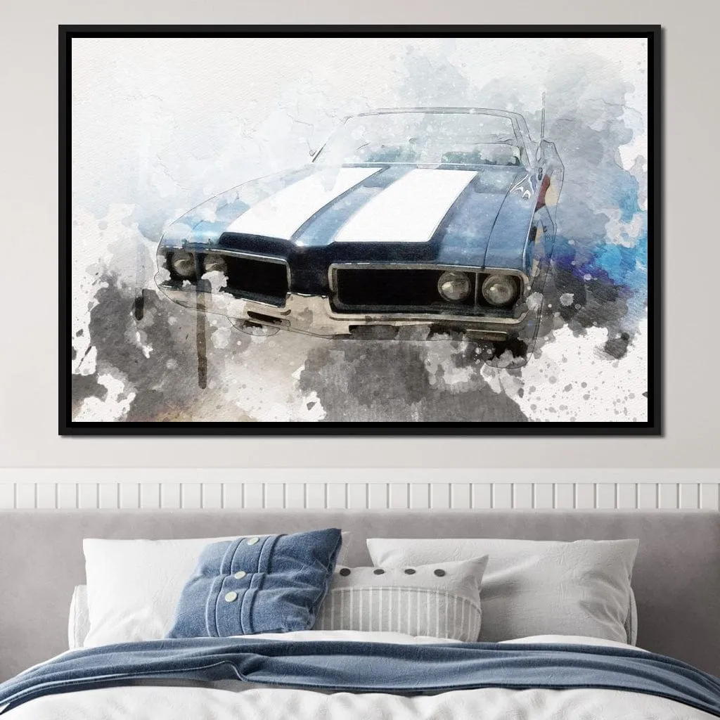 Blue & White Muscle Car in Watercolor