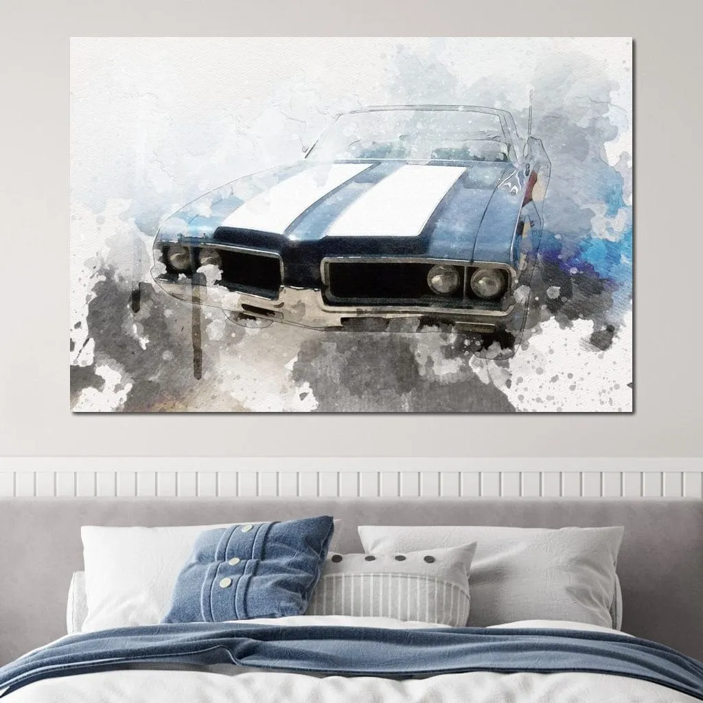 Blue & White Muscle Car in Watercolor