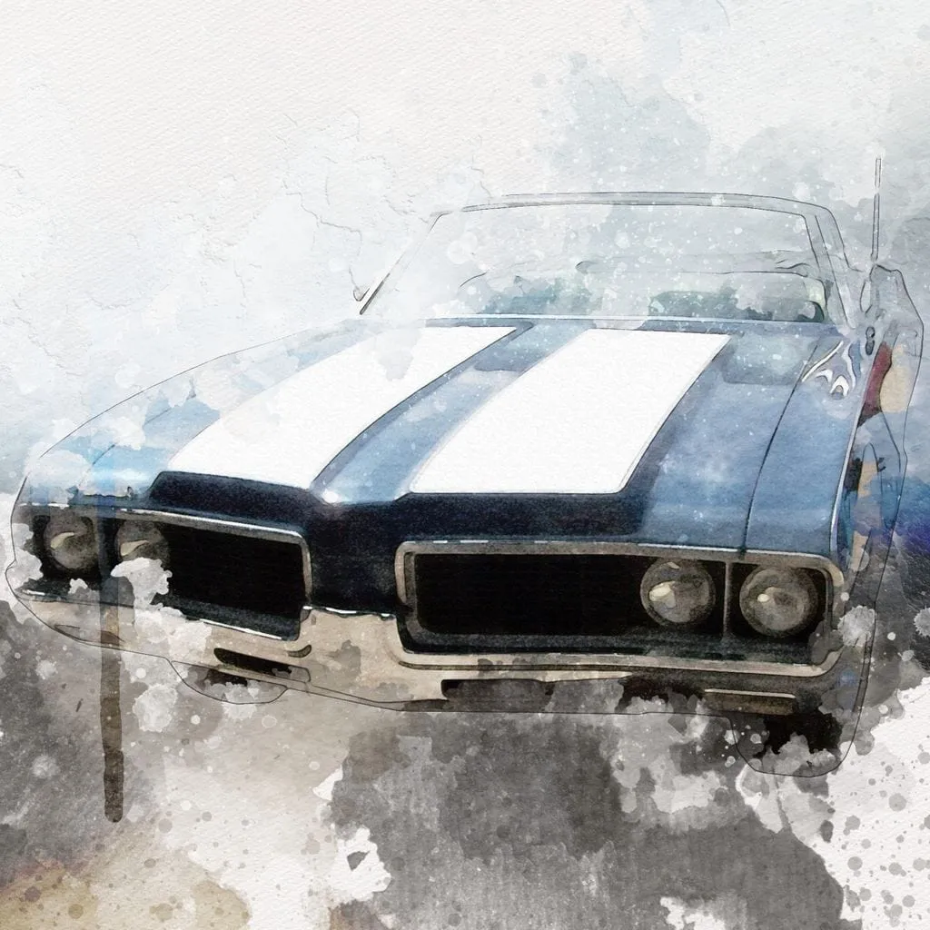 Blue & White Muscle Car in Watercolor