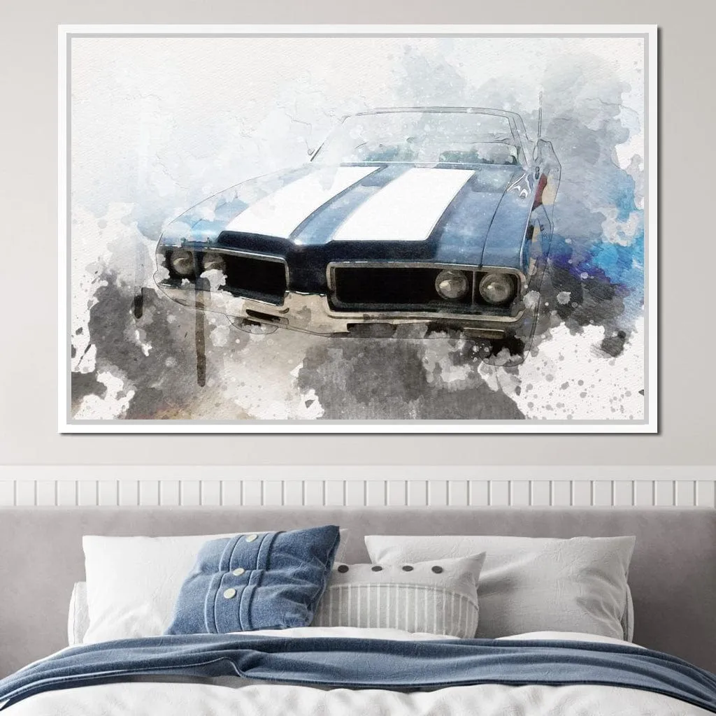 Blue & White Muscle Car in Watercolor