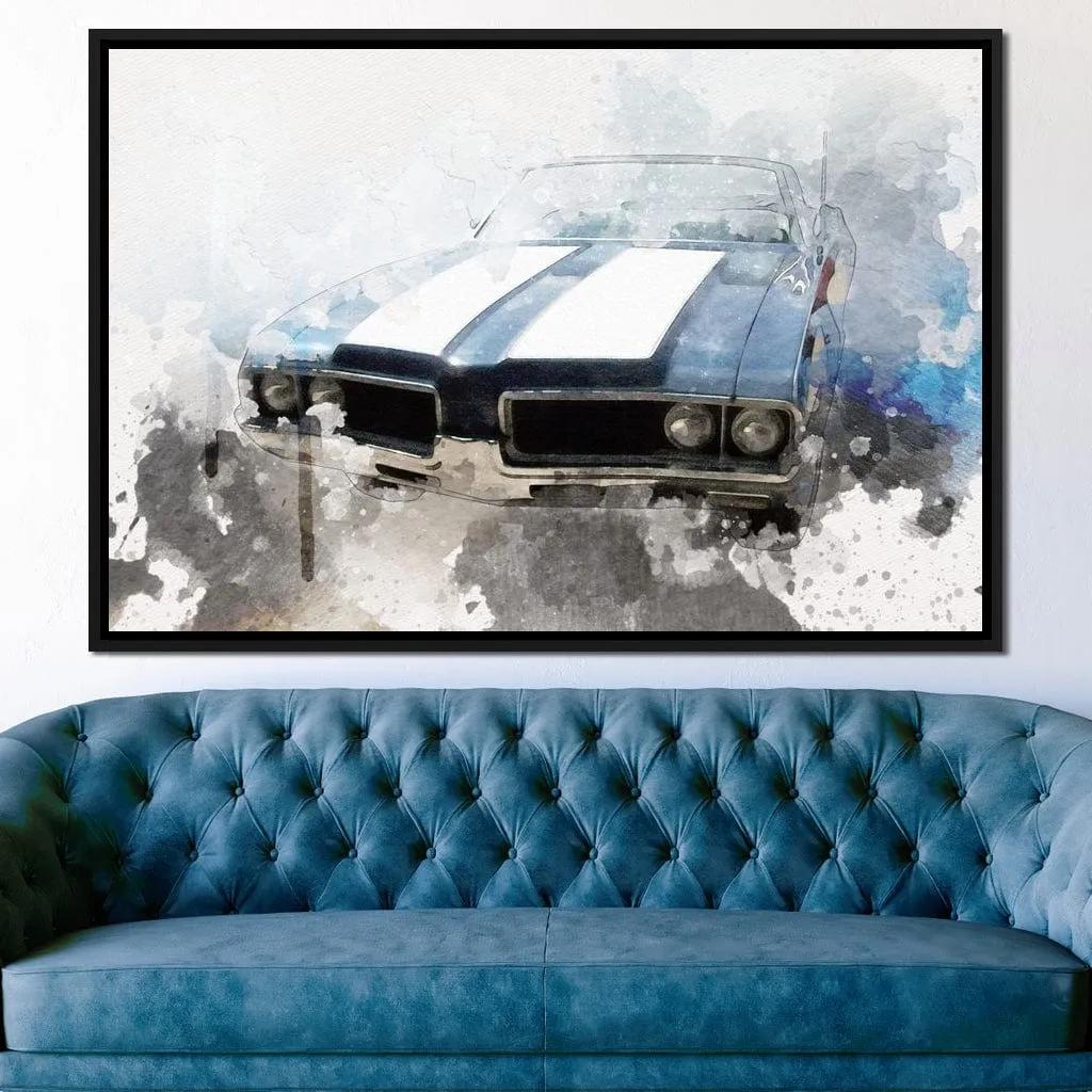 Blue & White Muscle Car in Watercolor