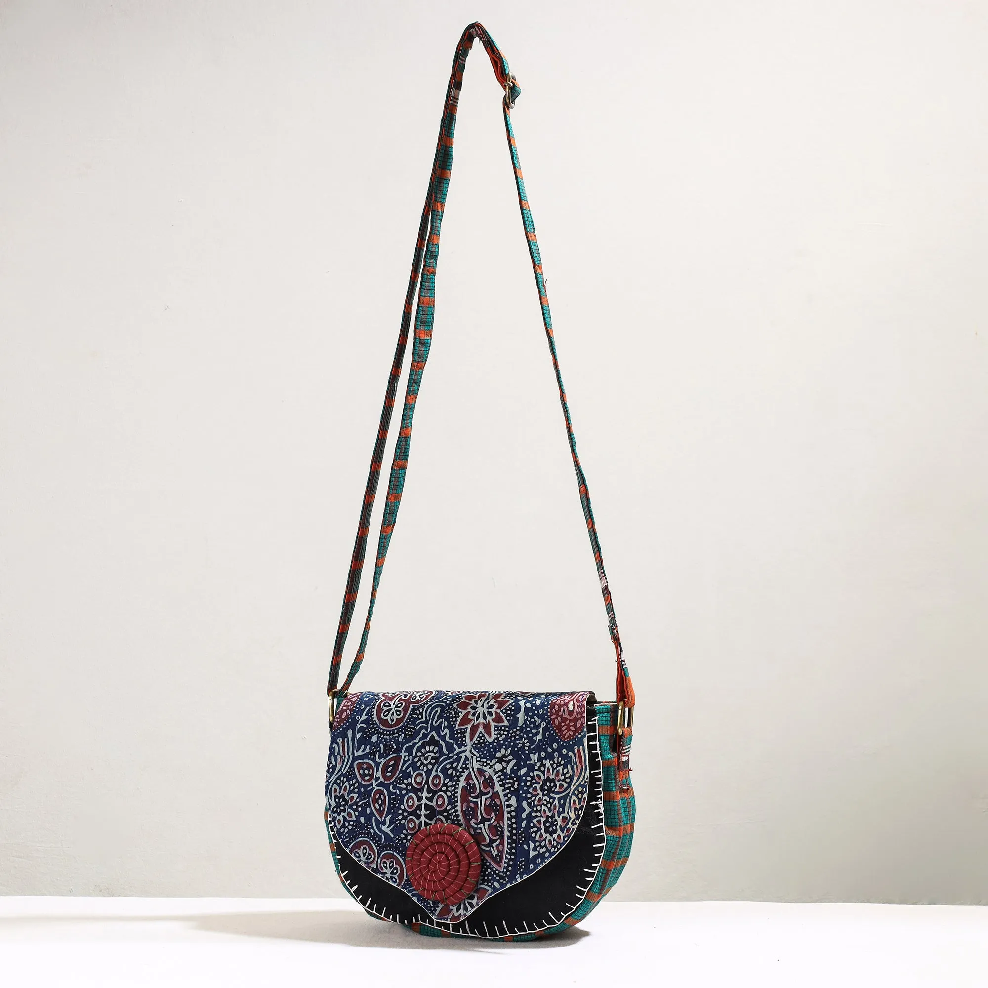 Blue - Handmade Gamcha Fabric Embroiderd Canvas Cotton Sling Bag