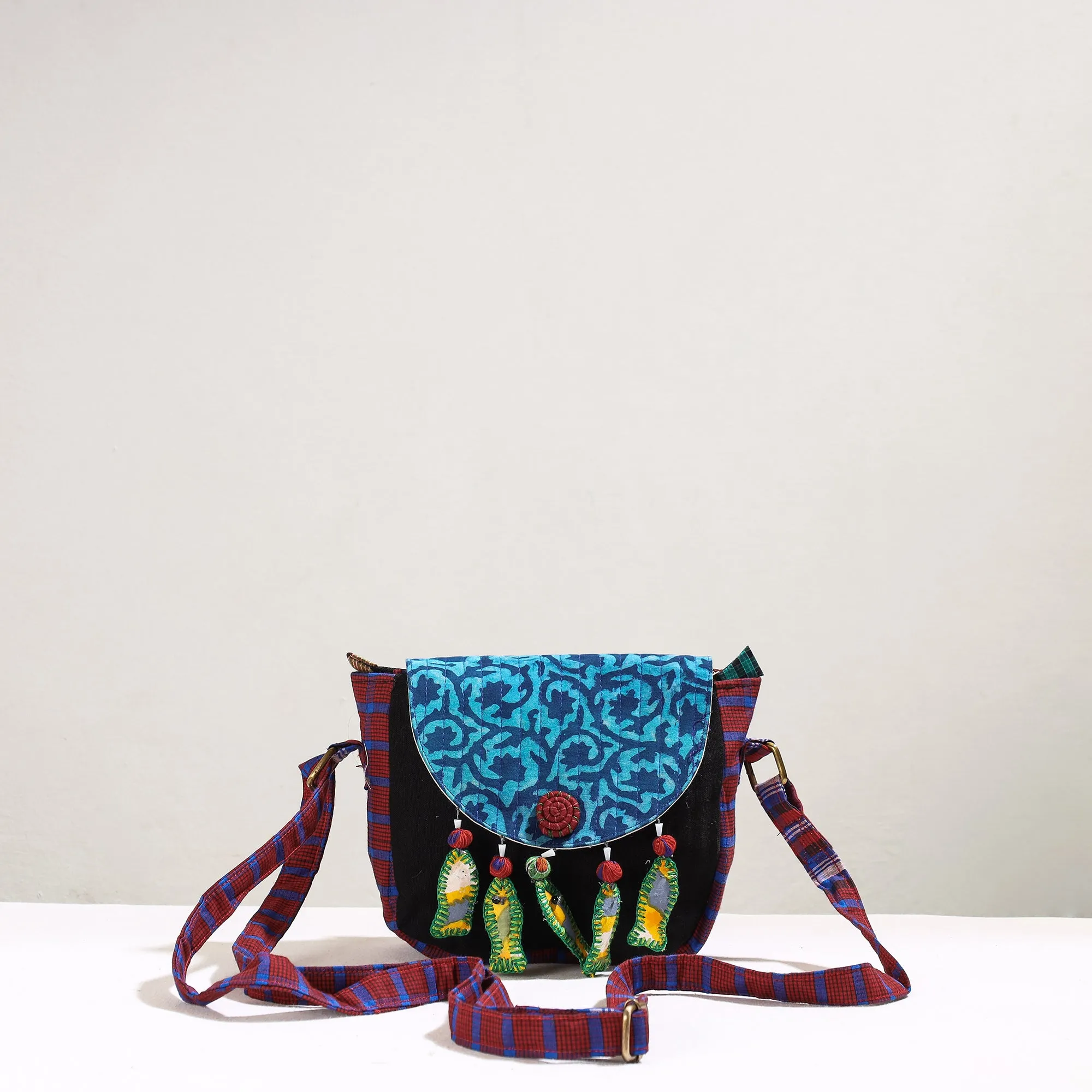 Blue - Handmade Gamcha Fabric Kantha Work Canvas Cotton Sling Bag