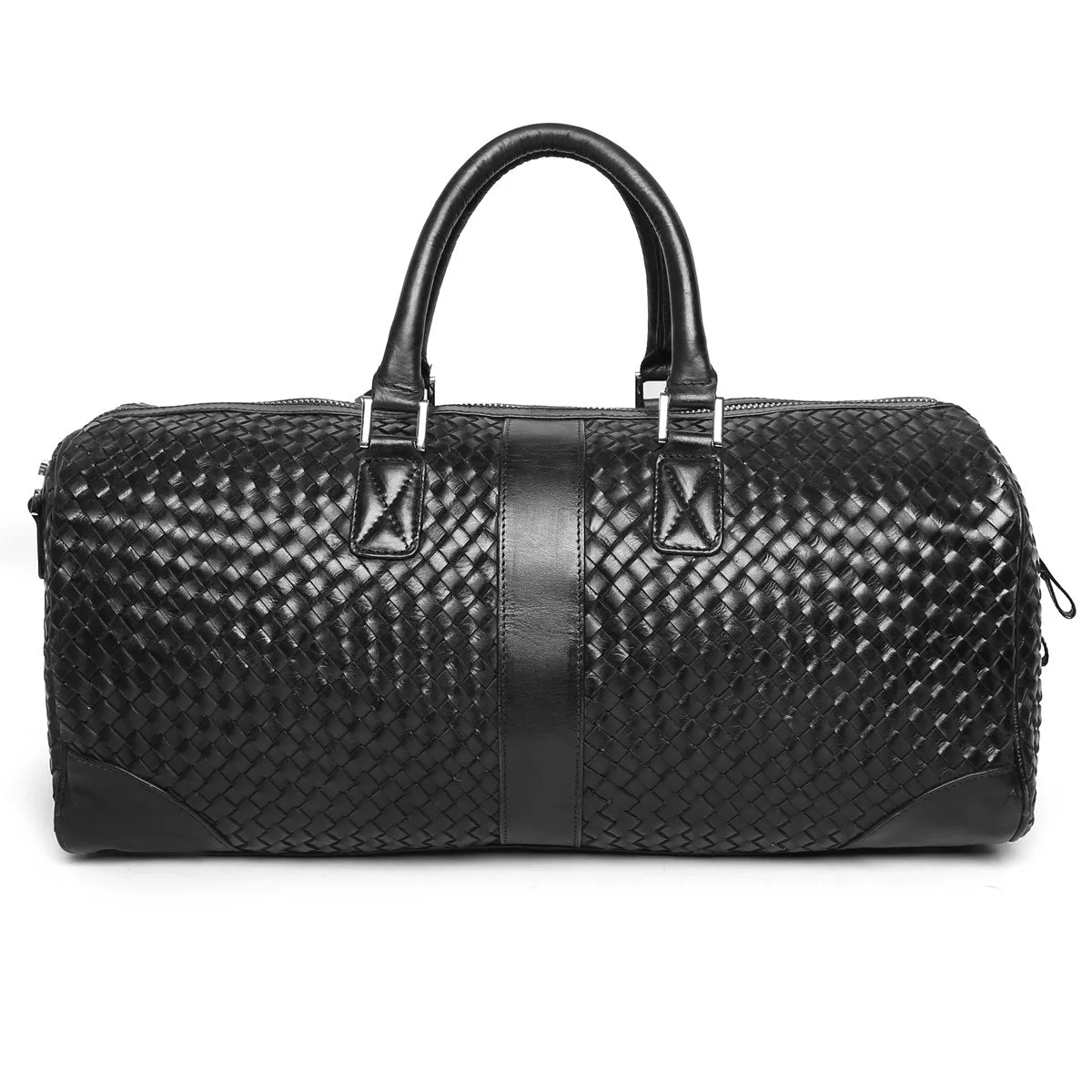 Brune & Bareskin Black Leather Woven Detailed Duffle Bag