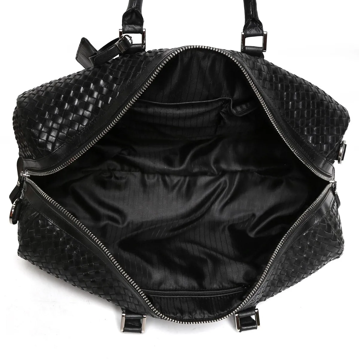 Brune & Bareskin Black Leather Woven Detailed Duffle Bag